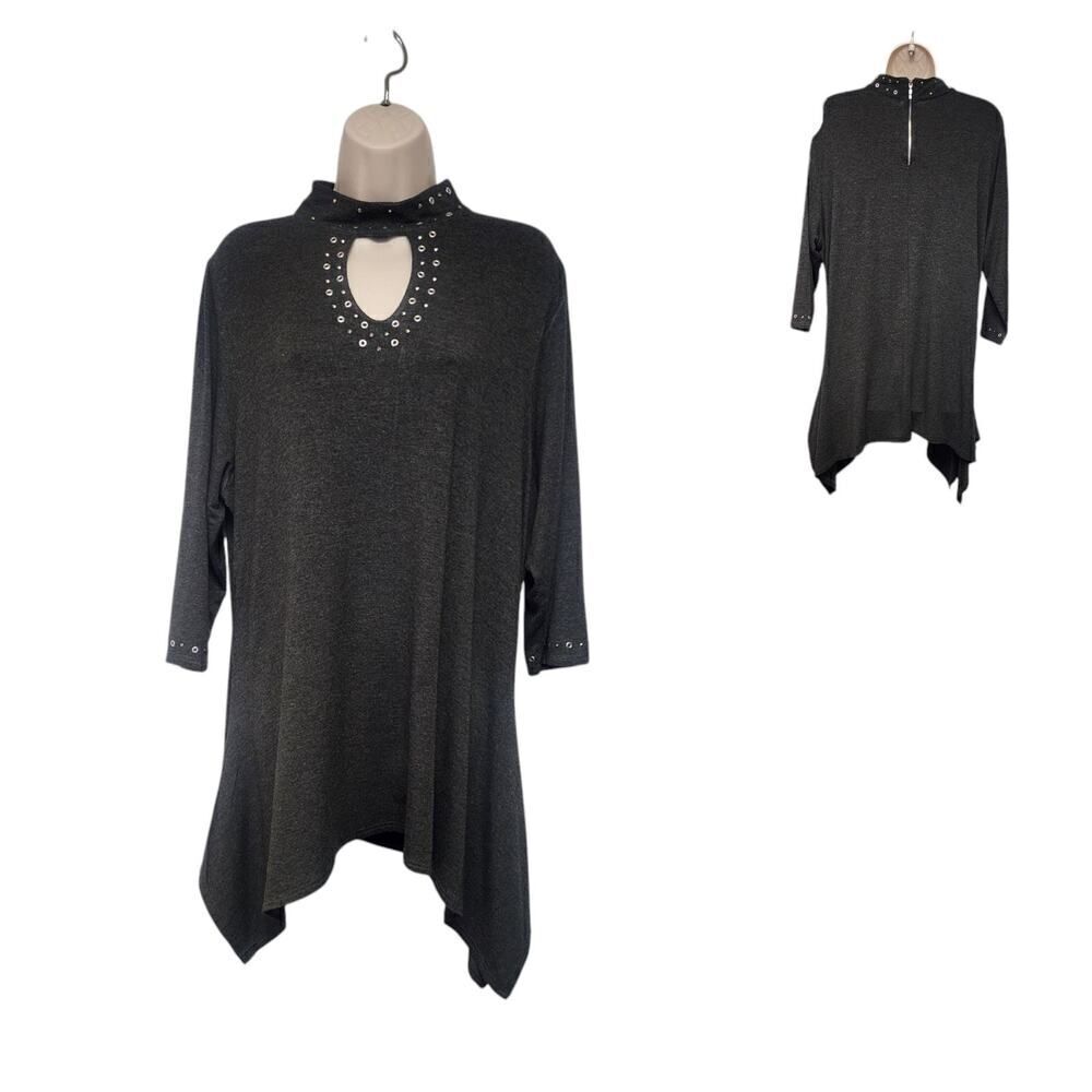 Belldini Stretch Embellished 3/4 Sleeves Tunic Gray Top Blouse Hanky Hem 2X